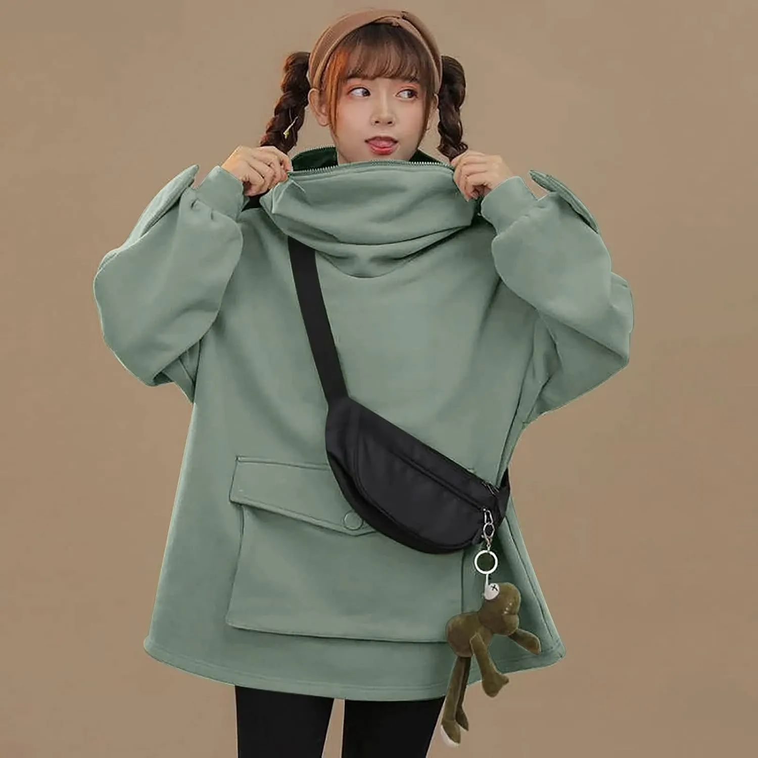 Frog Hoodies for Teen Girls Cute Hoodies Pullover Oversized Kawaii Hooded Sweatshirt Zipper Mouth Frog Hoodie for Women