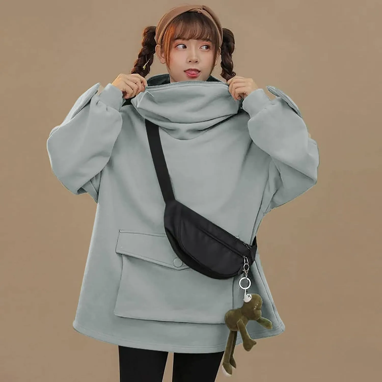 Frog Hoodies for Teen Girls Cute Hoodies Pullover Oversized Kawaii Hooded Sweatshirt Zipper Mouth Frog Hoodie for Women