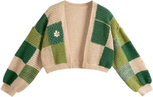 GORGLITTER Women's Plus Size Plaid Open Front Cropped Cardigan Floral Pattern Long Sleeve Knit Crop Sweater Top