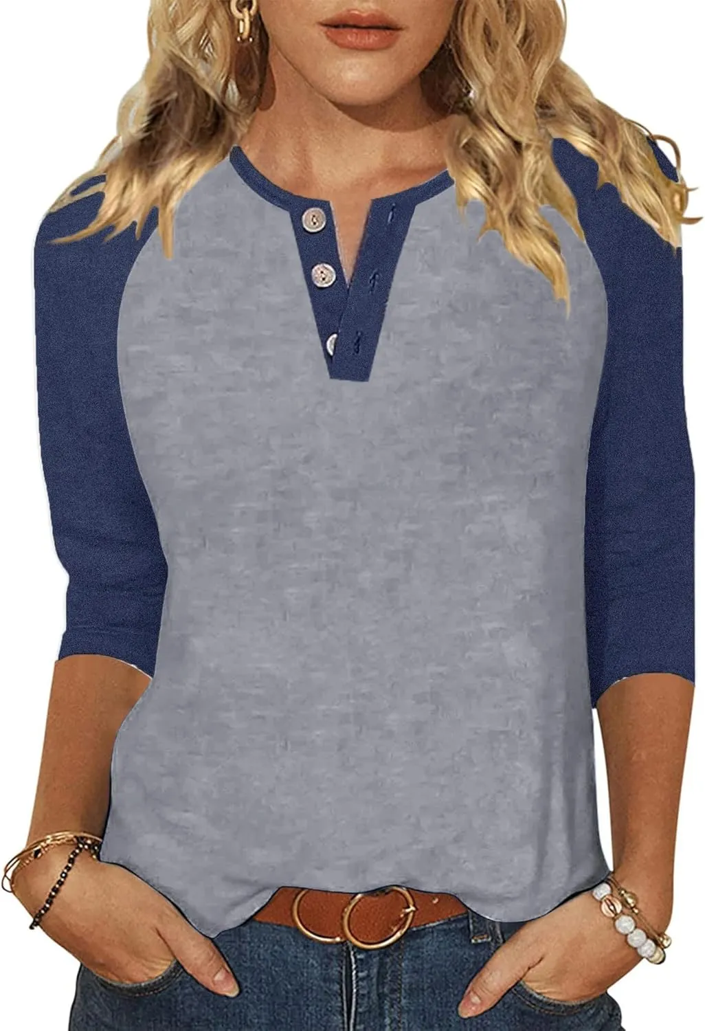 Halife Women's Casual 3/4 Sleeve T Shirts Button V Neck Tunic Blouses Color Block Basic Tee Tops Loose Fit Summer Shirt
