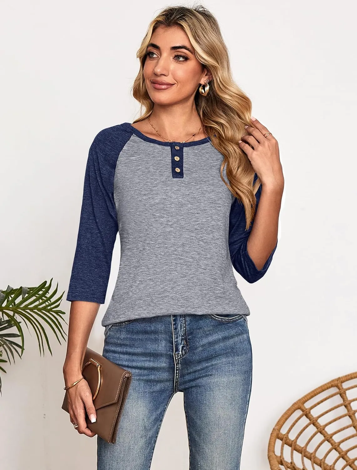 Halife Women's Casual 3/4 Sleeve T Shirts Button V Neck Tunic Blouses Color Block Basic Tee Tops Loose Fit Summer Shirt