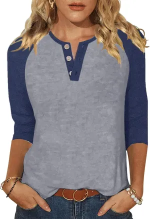 Halife Women's Casual 3/4 Sleeve T Shirts Button V Neck Tunic Blouses Color Block Basic Tee Tops Loose Fit Summer Shirt