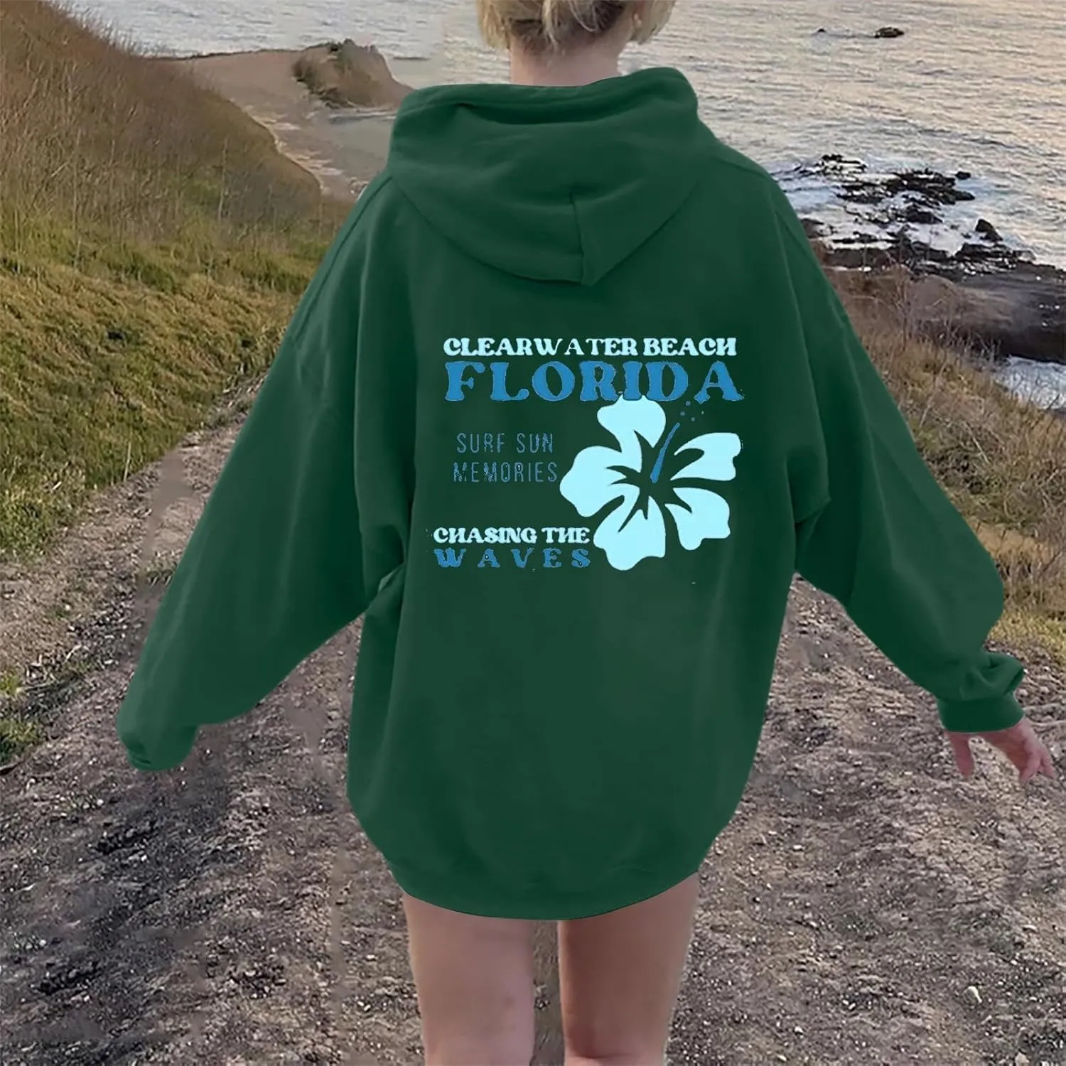Heevina Pink Palm Puff Hoodie Hoodies For Women Clear Water Beach Florida Surf Sun Memories Chasing The Waves Hoodies
