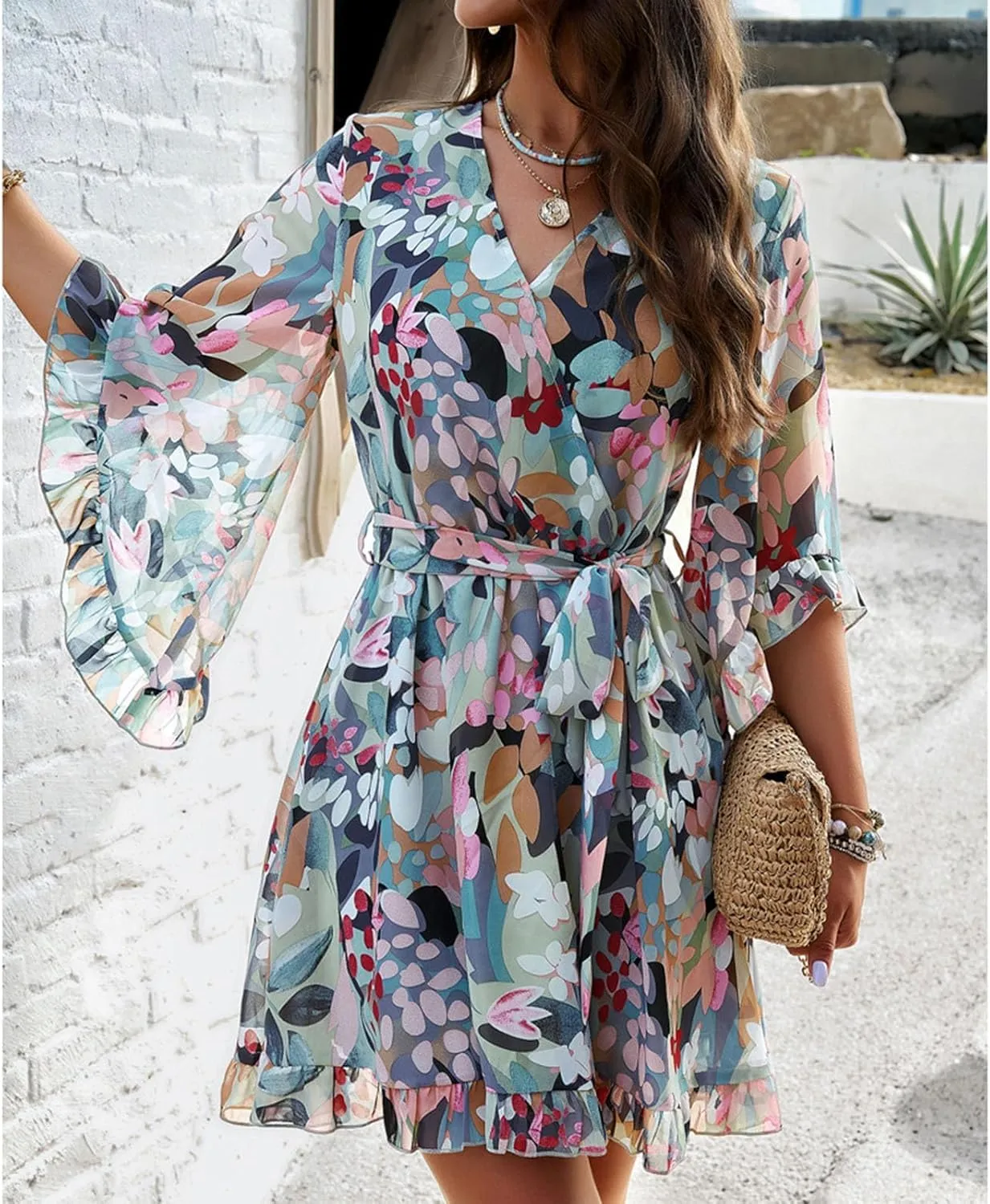 HOTYD Womens Flowy Floral Mini Dress Ruffle 3/4 Sleeve V Neck Tie Waist Chiffon A-line Dress Summer Sundress for Women