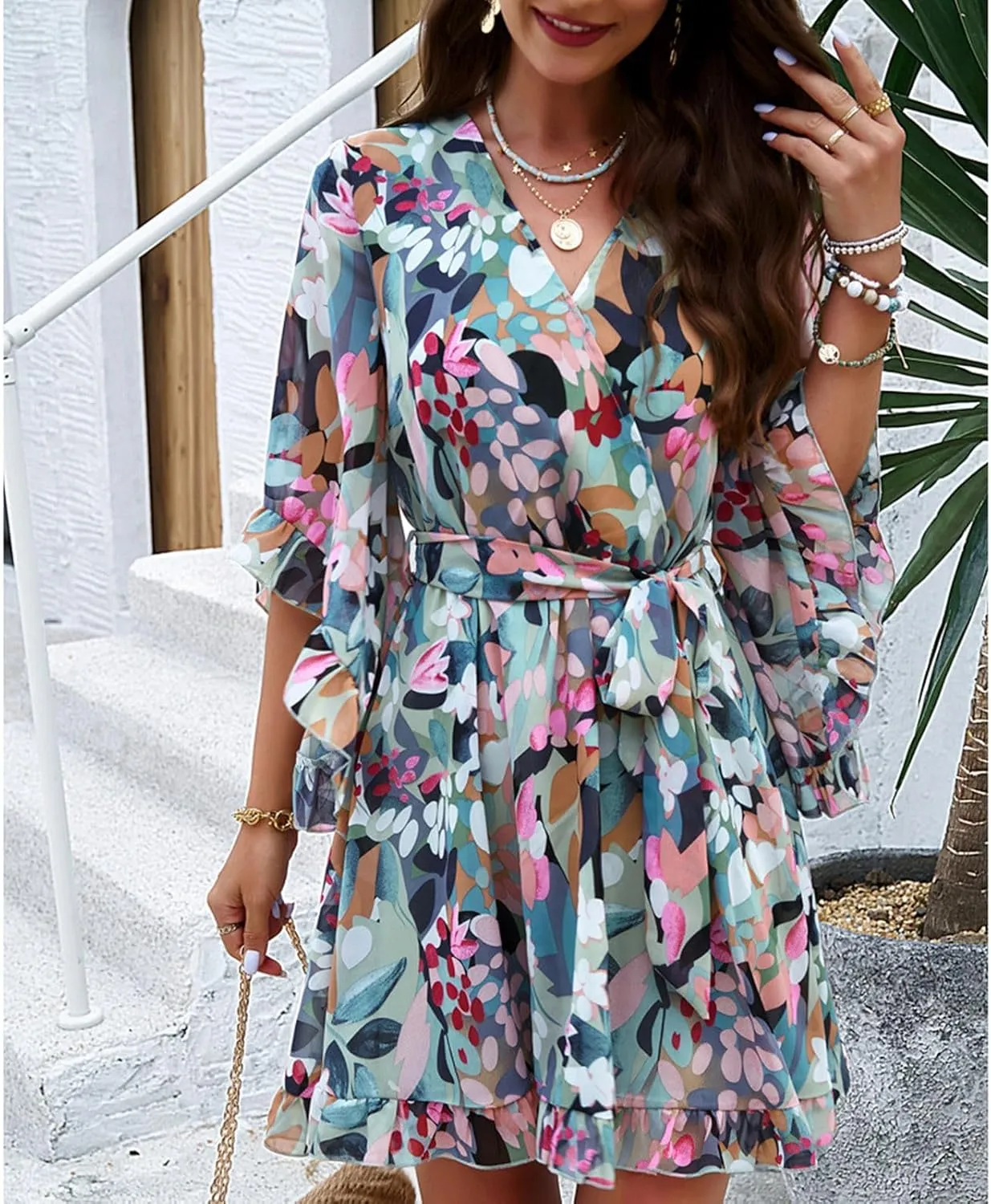 HOTYD Womens Flowy Floral Mini Dress Ruffle 3/4 Sleeve V Neck Tie Waist Chiffon A-line Dress Summer Sundress for Women