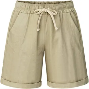 HOW'ON Women's Elastic Waist Casual Comfy Cotton Beach Shorts with Drawstring