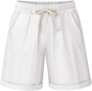 HOW'ON Women's Elastic Waist Casual Comfy Cotton Beach Shorts with Drawstring