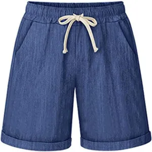 HOW'ON Women's Elastic Waist Casual Comfy Cotton Beach Shorts with Drawstring