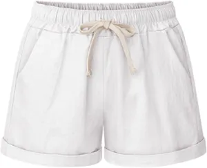HOW'ON Women's Elastic Waist Casual Comfy Cotton Beach Shorts with Drawstring