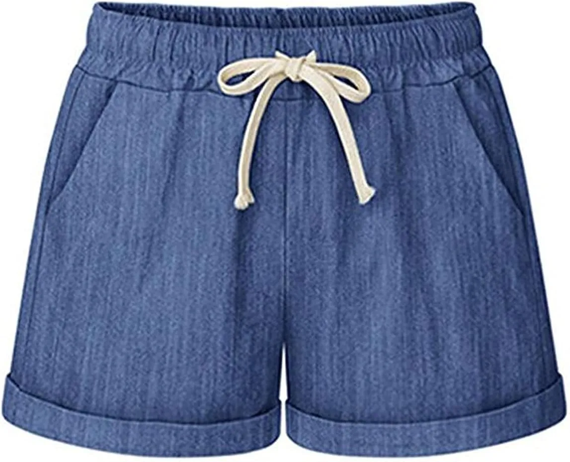 HOW'ON Women's Elastic Waist Casual Comfy Cotton Beach Shorts with Drawstring