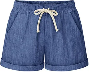 HOW'ON Women's Elastic Waist Casual Comfy Cotton Beach Shorts with Drawstring