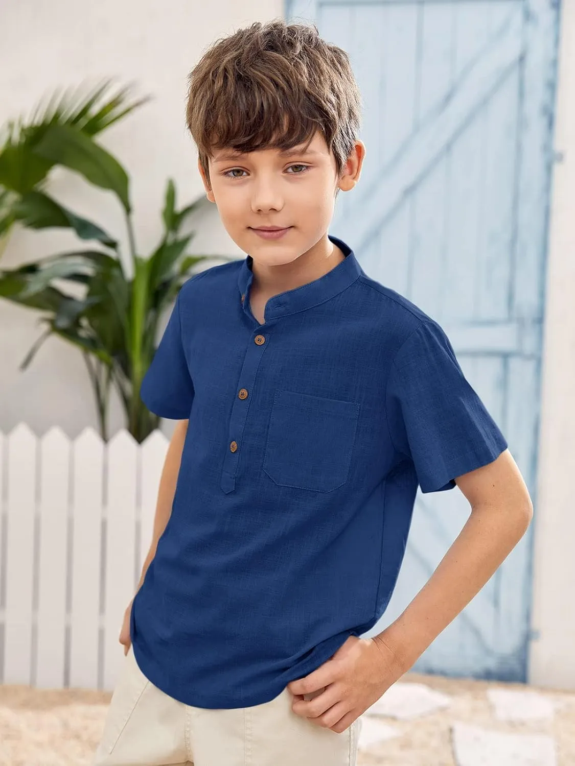 Inorin Boys Button Up Henley Shirt Short Sleeve Lightweight Summer Linen Cotton Dress Shirts Tees Tops with One Pocket