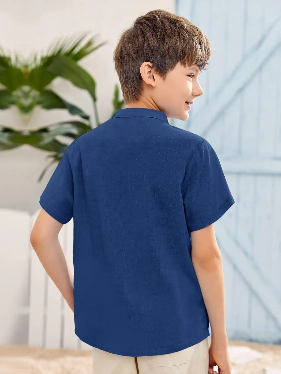 Inorin Boys Button Up Henley Shirt Short Sleeve Lightweight Summer Linen Cotton Dress Shirts Tees Tops with One Pocket