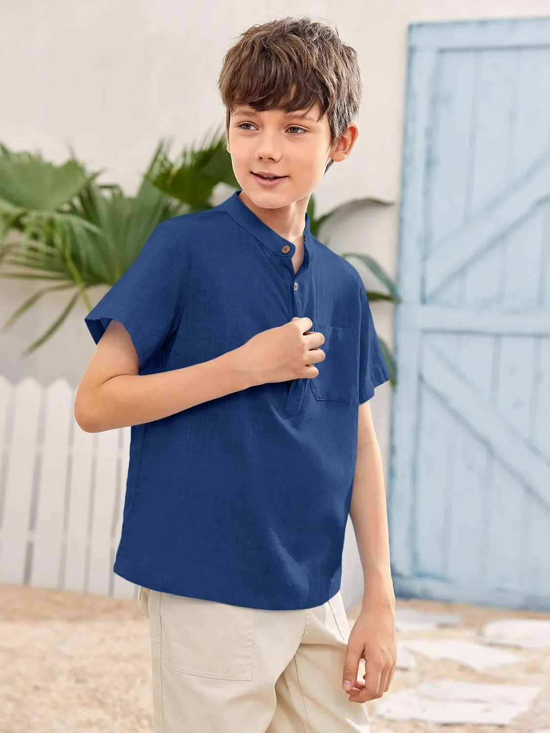 Inorin Boys Button Up Henley Shirt Short Sleeve Lightweight Summer Linen Cotton Dress Shirts Tees Tops with One Pocket