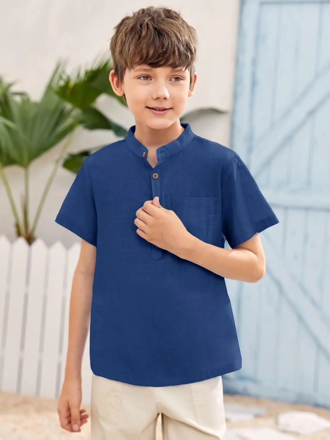 Inorin Boys Button Up Henley Shirt Short Sleeve Lightweight Summer Linen Cotton Dress Shirts Tees Tops with One Pocket