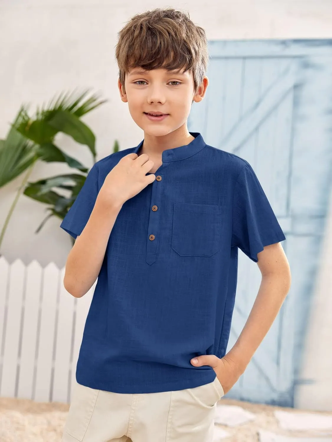 Inorin Boys Button Up Henley Shirt Short Sleeve Lightweight Summer Linen Cotton Dress Shirts Tees Tops with One Pocket