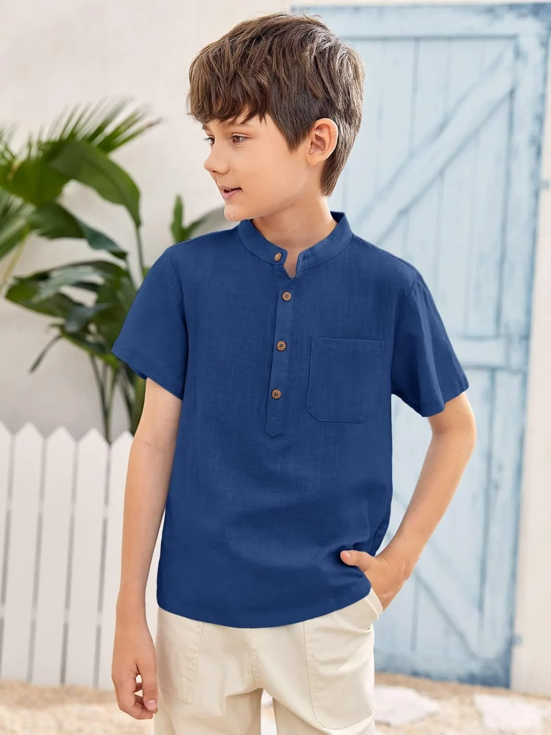 Inorin Boys Button Up Henley Shirt Short Sleeve Lightweight Summer Linen Cotton Dress Shirts Tees Tops with One Pocket