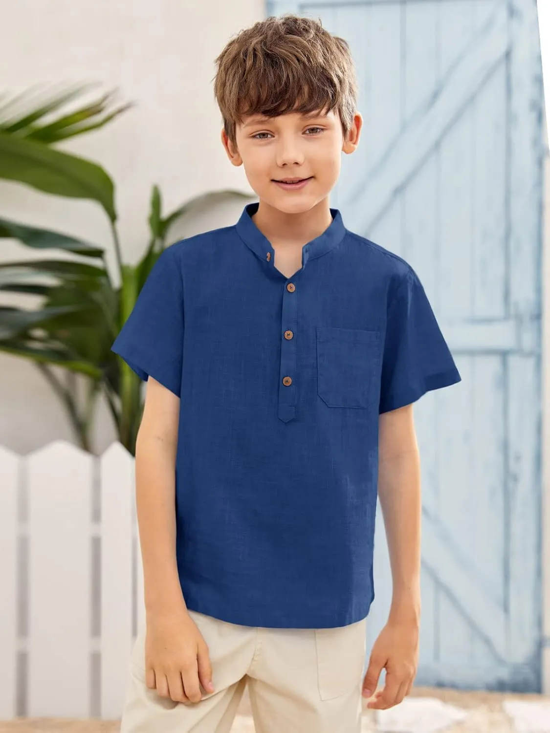 Inorin Boys Button Up Henley Shirt Short Sleeve Lightweight Summer Linen Cotton Dress Shirts Tees Tops with One Pocket
