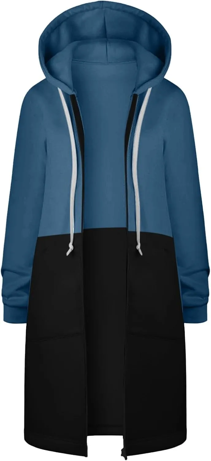 Jackets for Women Zip up Hoodies Y2K Knee Length Hooded Fleece Oversized Sweatshirts with Pockets Fall Outfits 2024