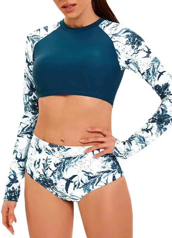 JadeRich Women's Fashion Pattern Long Sleeve Tankini Sets UPF 50  Rash Guard Swimsuit Sun Block Swimwear