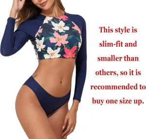 JadeRich Women's Fashion Pattern Long Sleeve Tankini Sets UPF 50  Rash Guard Swimsuit Sun Block Swimwear