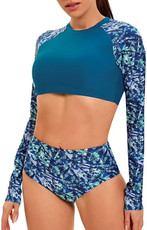 JadeRich Women's Fashion Pattern Long Sleeve Tankini Sets UPF 50  Rash Guard Swimsuit Sun Block Swimwear