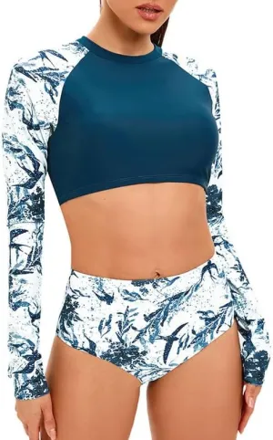 JadeRich Women's Fashion Pattern Long Sleeve Tankini Sets UPF 50  Rash Guard Swimsuit Sun Block Swimwear
