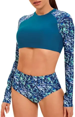JadeRich Women's Fashion Pattern Long Sleeve Tankini Sets UPF 50  Rash Guard Swimsuit Sun Block Swimwear