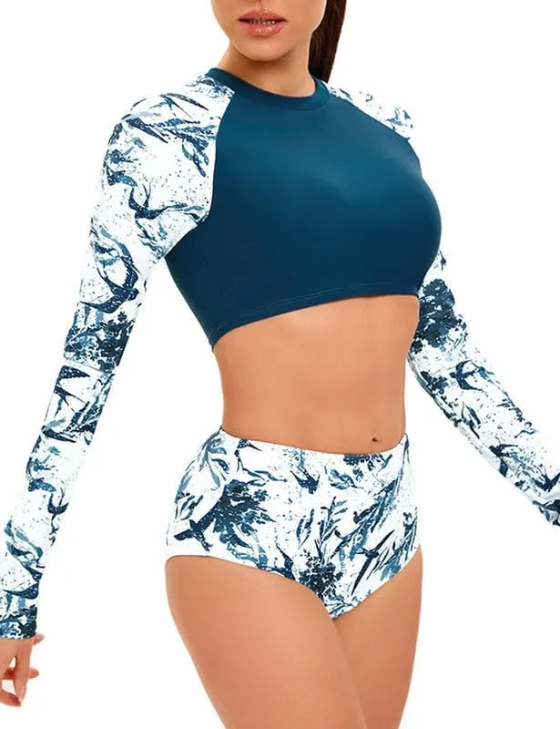 JadeRich Women's Fashion Pattern Long Sleeve Tankini Sets UPF 50  Rash Guard Swimsuit Sun Block Swimwear