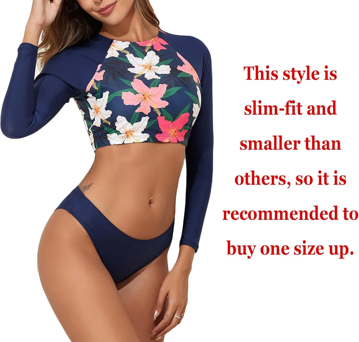 JadeRich Women's Fashion Pattern Long Sleeve Tankini Sets UPF 50  Rash Guard Swimsuit Sun Block Swimwear