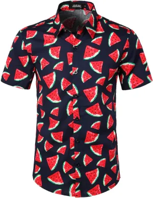JOGAL Men's Cotton Button Down Short Sleeve Hawaiian Shirt