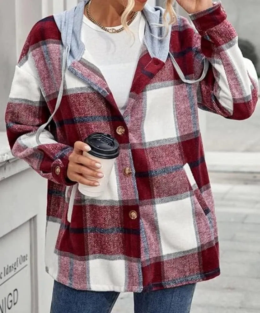 Kedera Womens Oversize Hoodie Plaid Flannel Shirt Long Sleeve Boyfriend Sweatshirt Shacket Jackets Coats