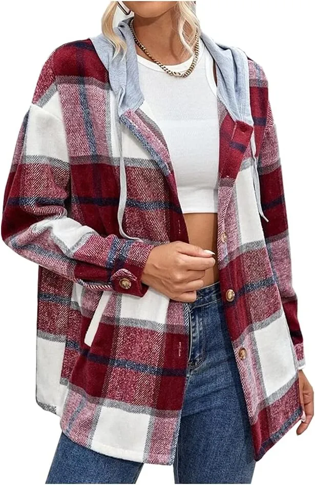 Kedera Womens Oversize Hoodie Plaid Flannel Shirt Long Sleeve Boyfriend Sweatshirt Shacket Jackets Coats