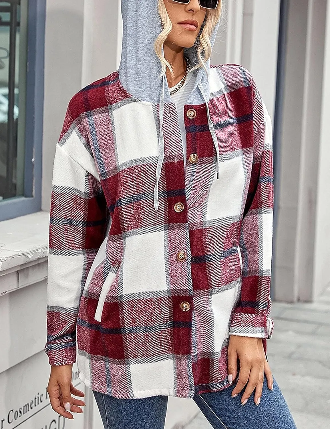 Kedera Womens Oversize Hoodie Plaid Flannel Shirt Long Sleeve Boyfriend Sweatshirt Shacket Jackets Coats