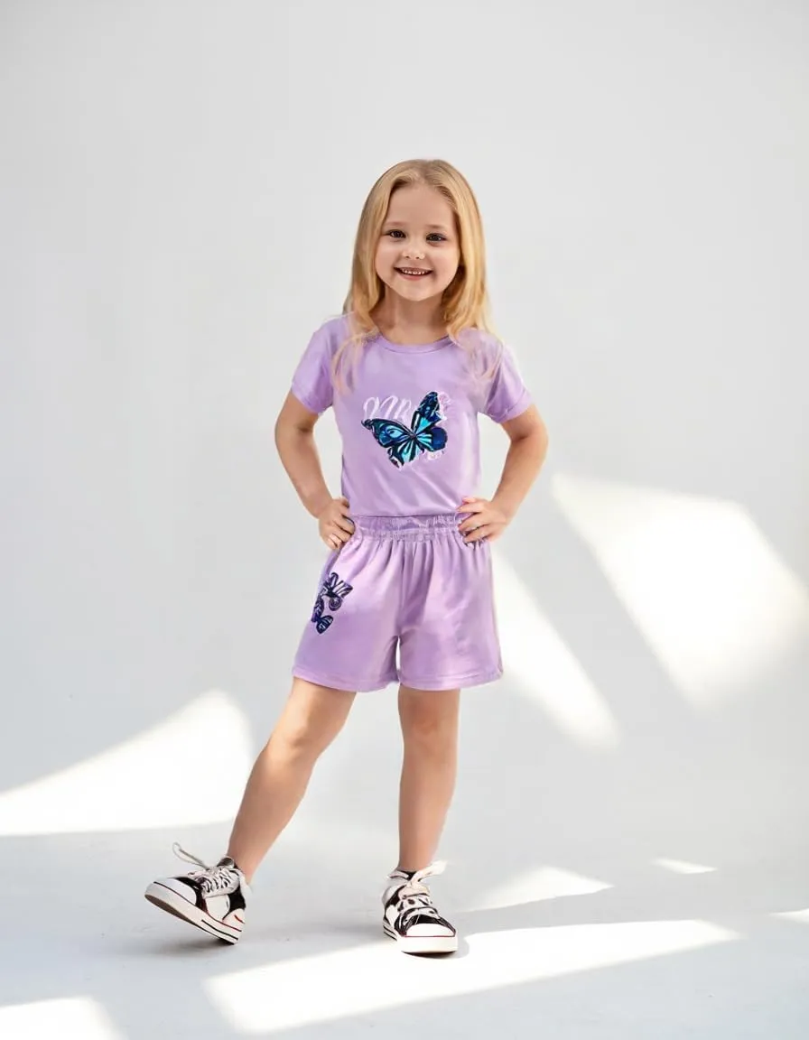 Kid Toddler Girl Butterfly Printed Short Sleeve T-Shirt   Waist Shorts Set 2PC Clothing For Summer