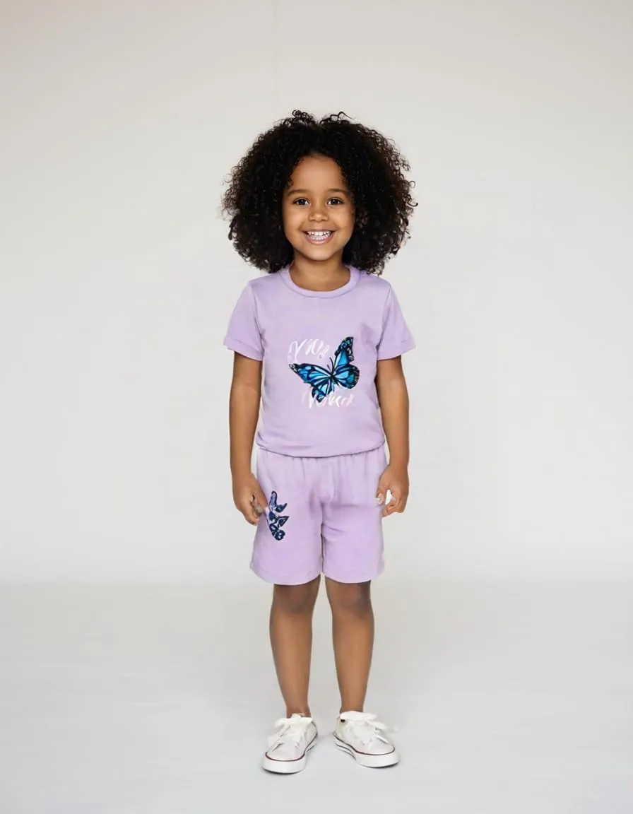 Kid Toddler Girl Butterfly Printed Short Sleeve T-Shirt   Waist Shorts Set 2PC Clothing For Summer