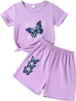 Kid Toddler Girl Butterfly Printed Short Sleeve T-Shirt   Waist Shorts Set 2PC Clothing For Summer