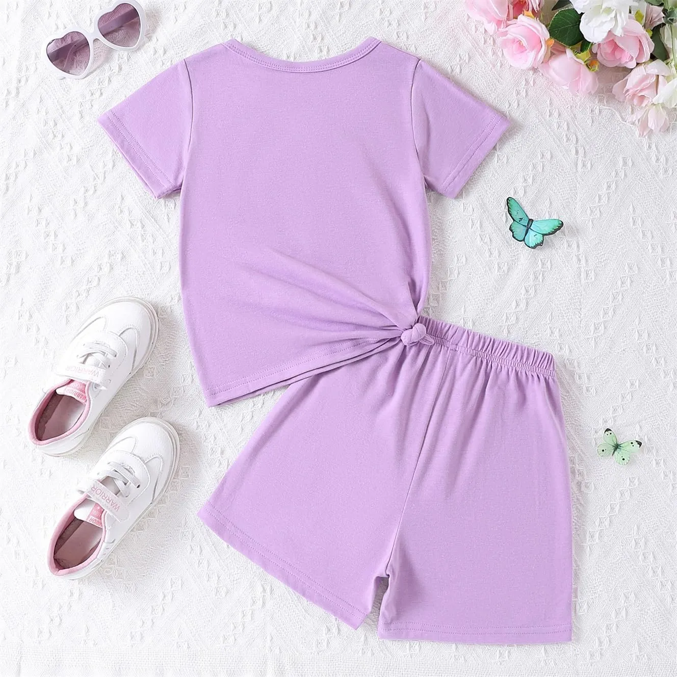 Kid Toddler Girl Butterfly Printed Short Sleeve T-Shirt   Waist Shorts Set 2PC Clothing For Summer
