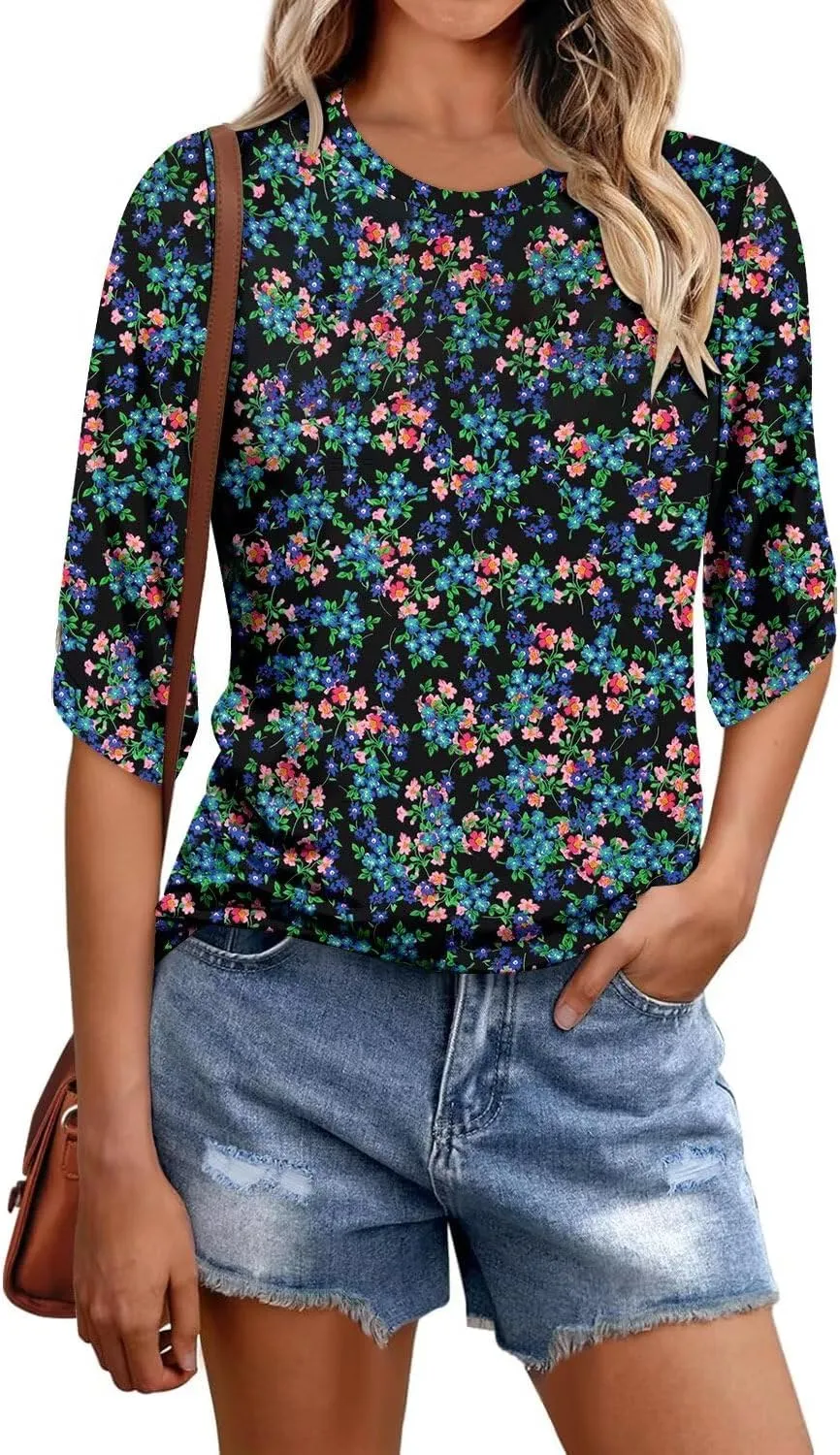 KISSMODA Women's Casual 3/4 Sleeve T-Shirts 2025 V-Neck Tunic Tops Cute Tees Blouses Loose Fit Business Work Tee Top