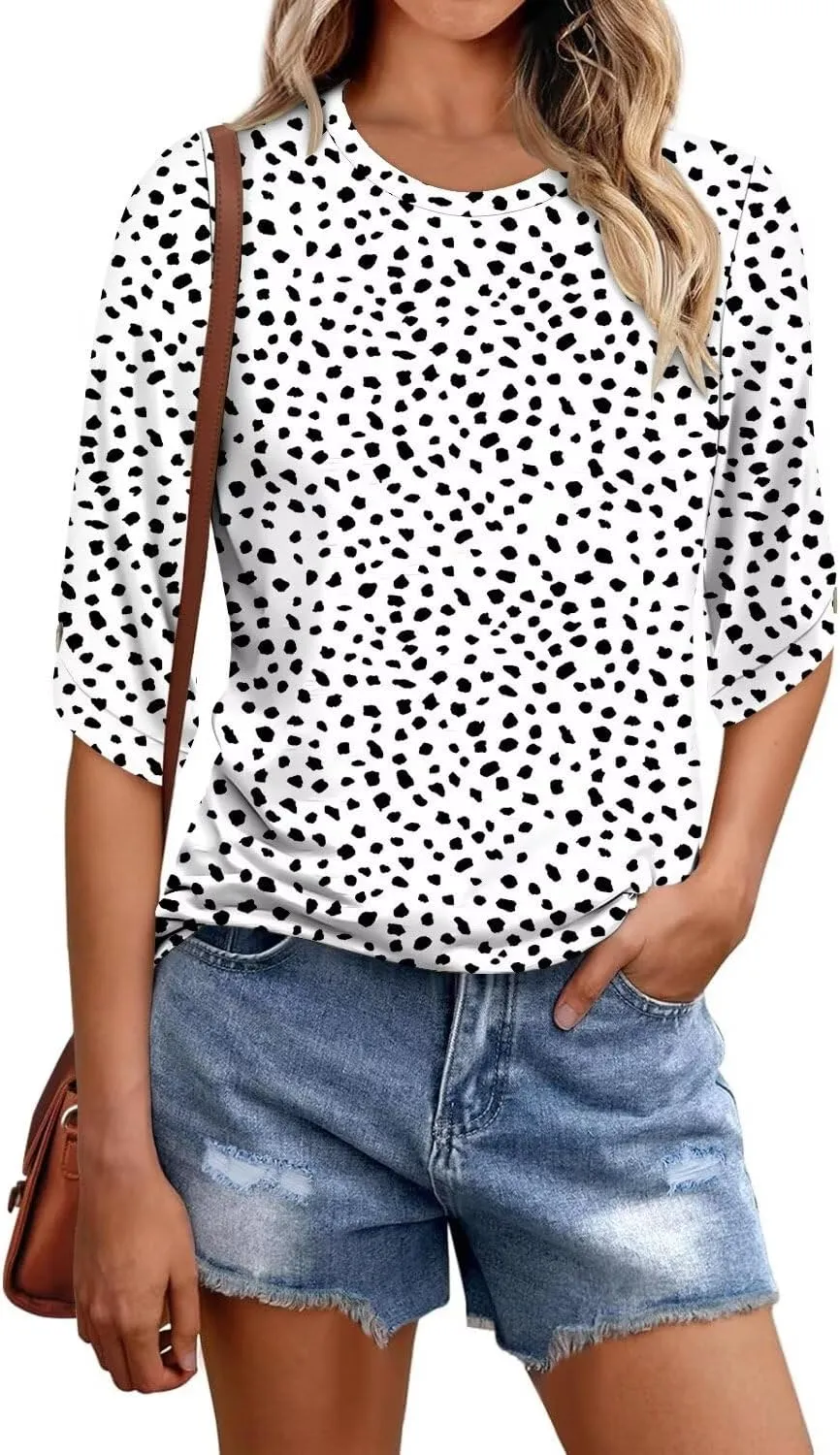 KISSMODA Women's Casual 3/4 Sleeve T-Shirts 2025 V-Neck Tunic Tops Cute Tees Blouses Loose Fit Business Work Tee Top