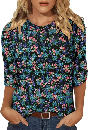 KISSMODA Women's Casual 3/4 Sleeve T-Shirts 2025 V-Neck Tunic Tops Cute Tees Blouses Loose Fit Business Work Tee Top