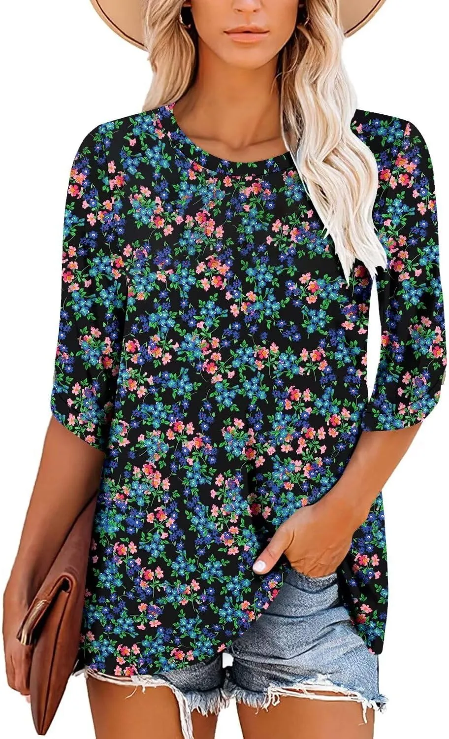 KISSMODA Women's Casual 3/4 Sleeve T-Shirts 2025 V-Neck Tunic Tops Cute Tees Blouses Loose Fit Business Work Tee Top