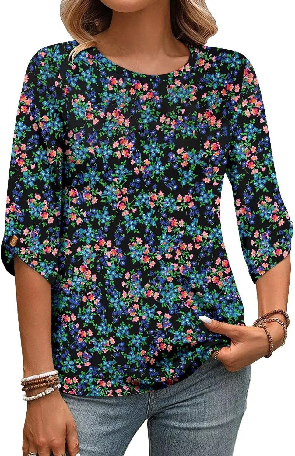 KISSMODA Women's Casual 3/4 Sleeve T-Shirts 2025 V-Neck Tunic Tops Cute Tees Blouses Loose Fit Business Work Tee Top
