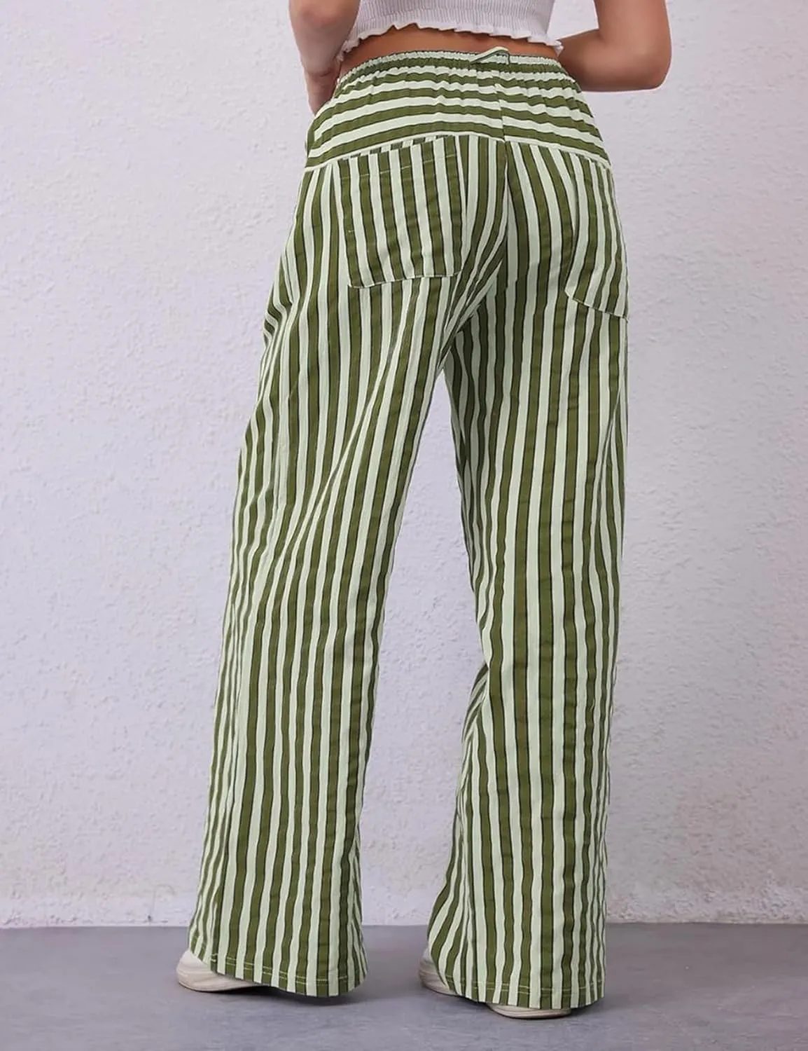 Kissonic Women Striped Pants Casual Drawstring Wide Leg Trousers Loose Lounge Pajama Pants with Pockets