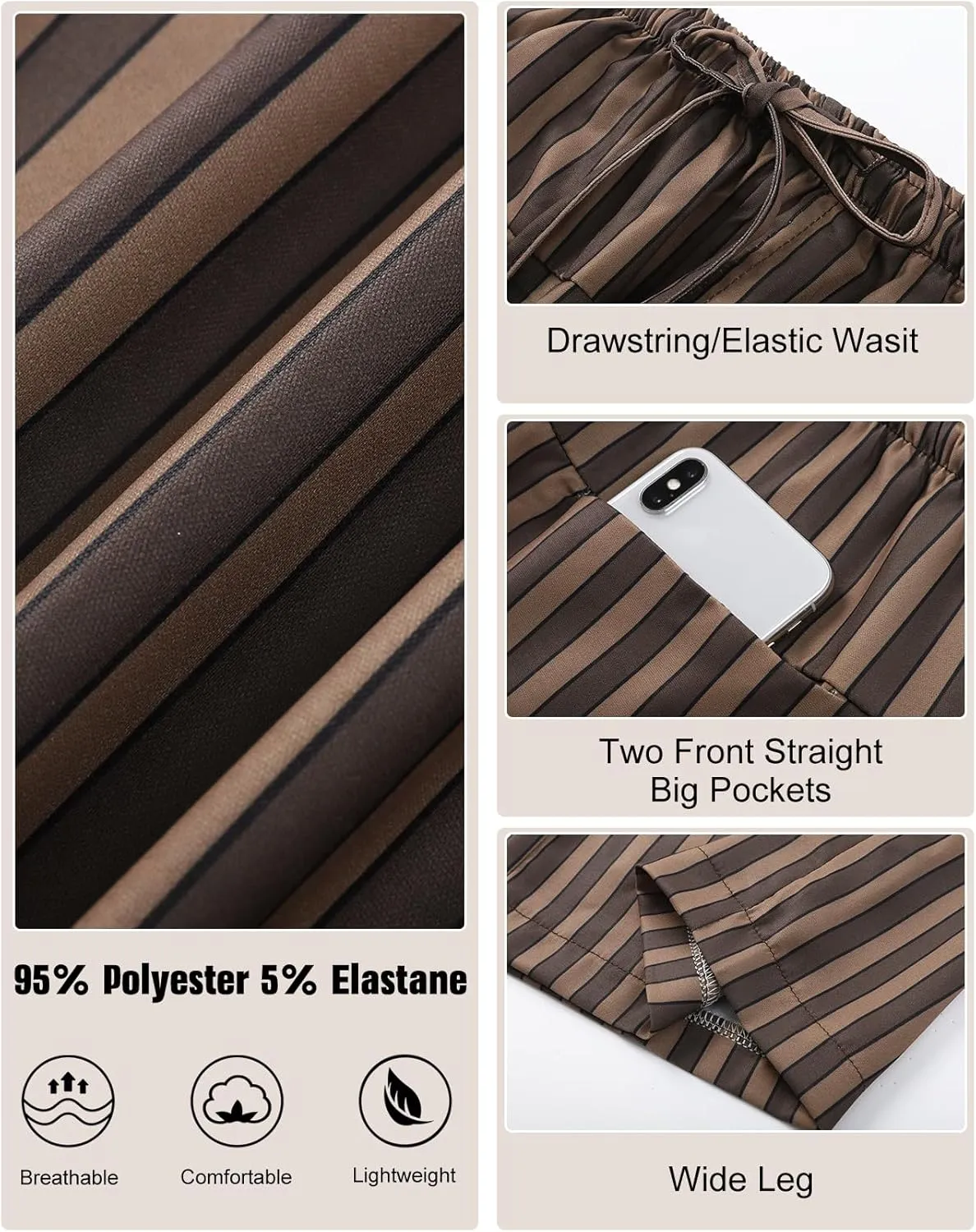 Kissonic Women Striped Pants Casual Drawstring Wide Leg Trousers Loose Lounge Pajama Pants with Pockets