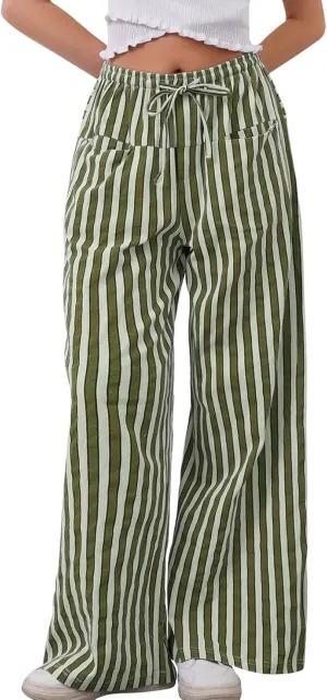 Kissonic Women Striped Pants Casual Drawstring Wide Leg Trousers Loose Lounge Pajama Pants with Pockets