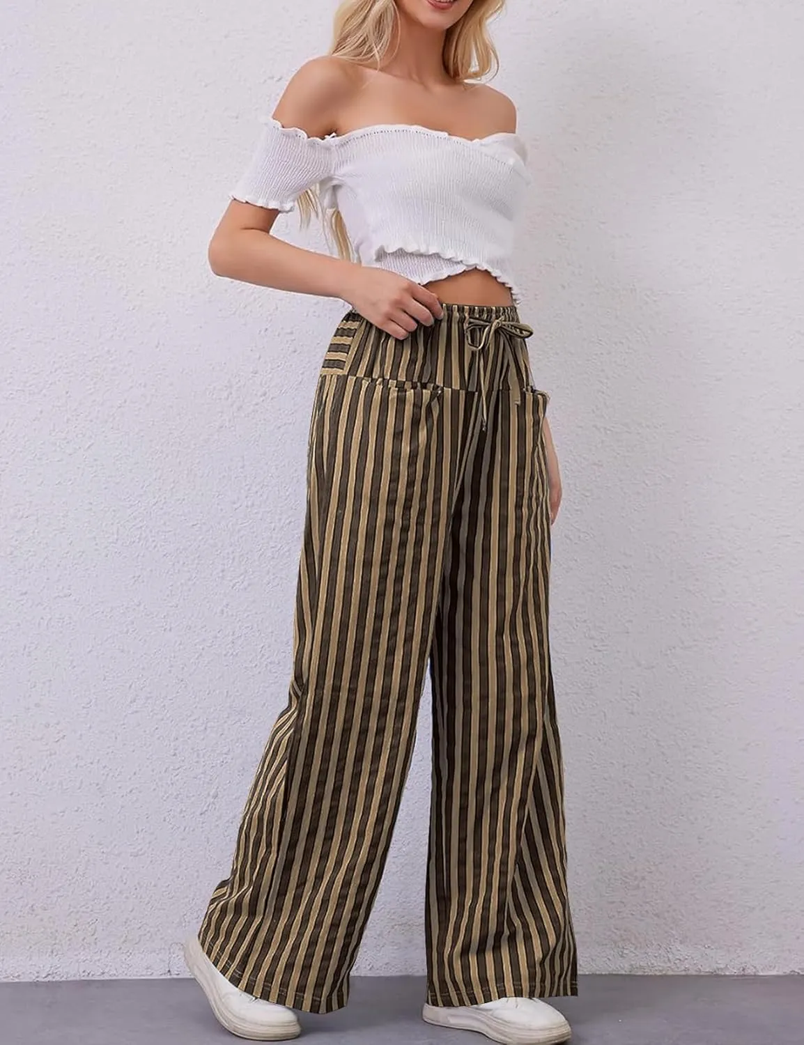 Kissonic Women Striped Pants Casual Drawstring Wide Leg Trousers Loose Lounge Pajama Pants with Pockets