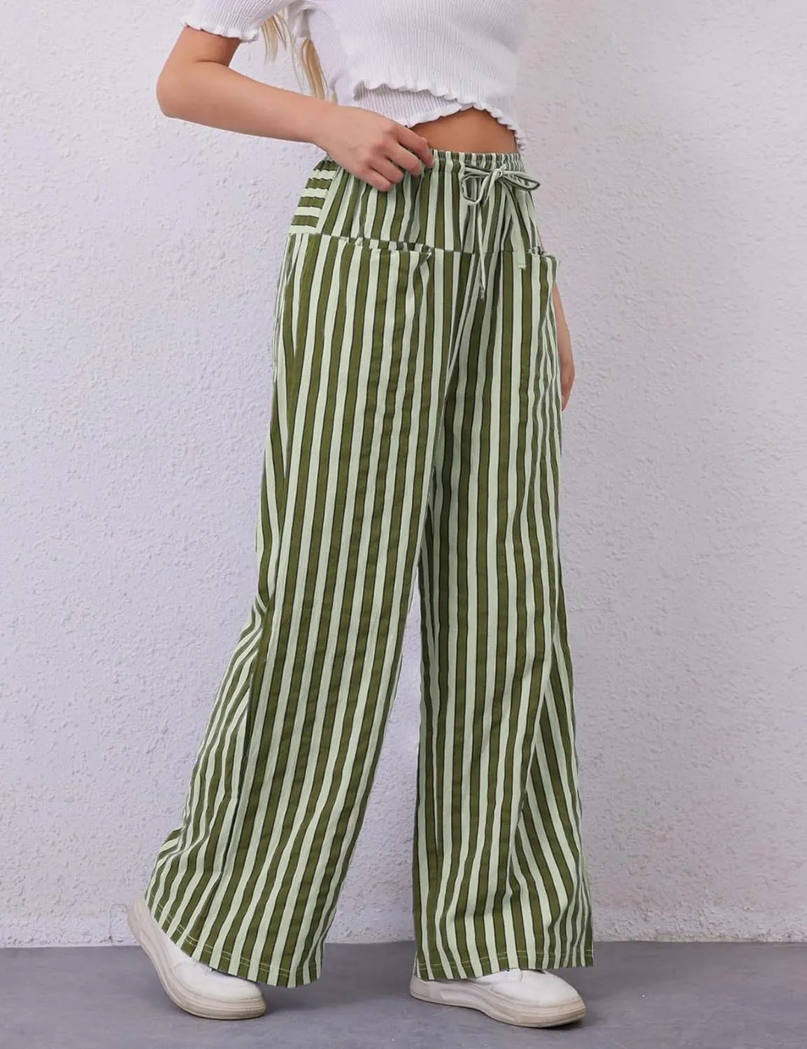 Kissonic Women Striped Pants Casual Drawstring Wide Leg Trousers Loose Lounge Pajama Pants with Pockets