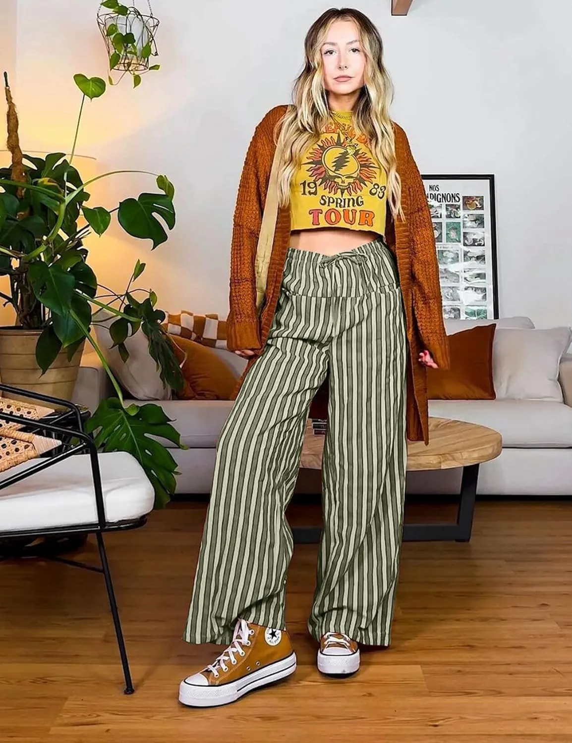 Kissonic Women Striped Pants Casual Drawstring Wide Leg Trousers Loose Lounge Pajama Pants with Pockets