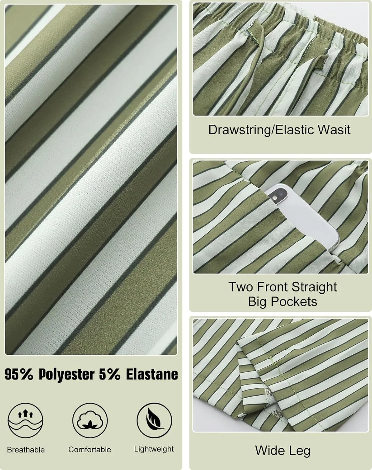 Kissonic Women Striped Pants Casual Drawstring Wide Leg Trousers Loose Lounge Pajama Pants with Pockets